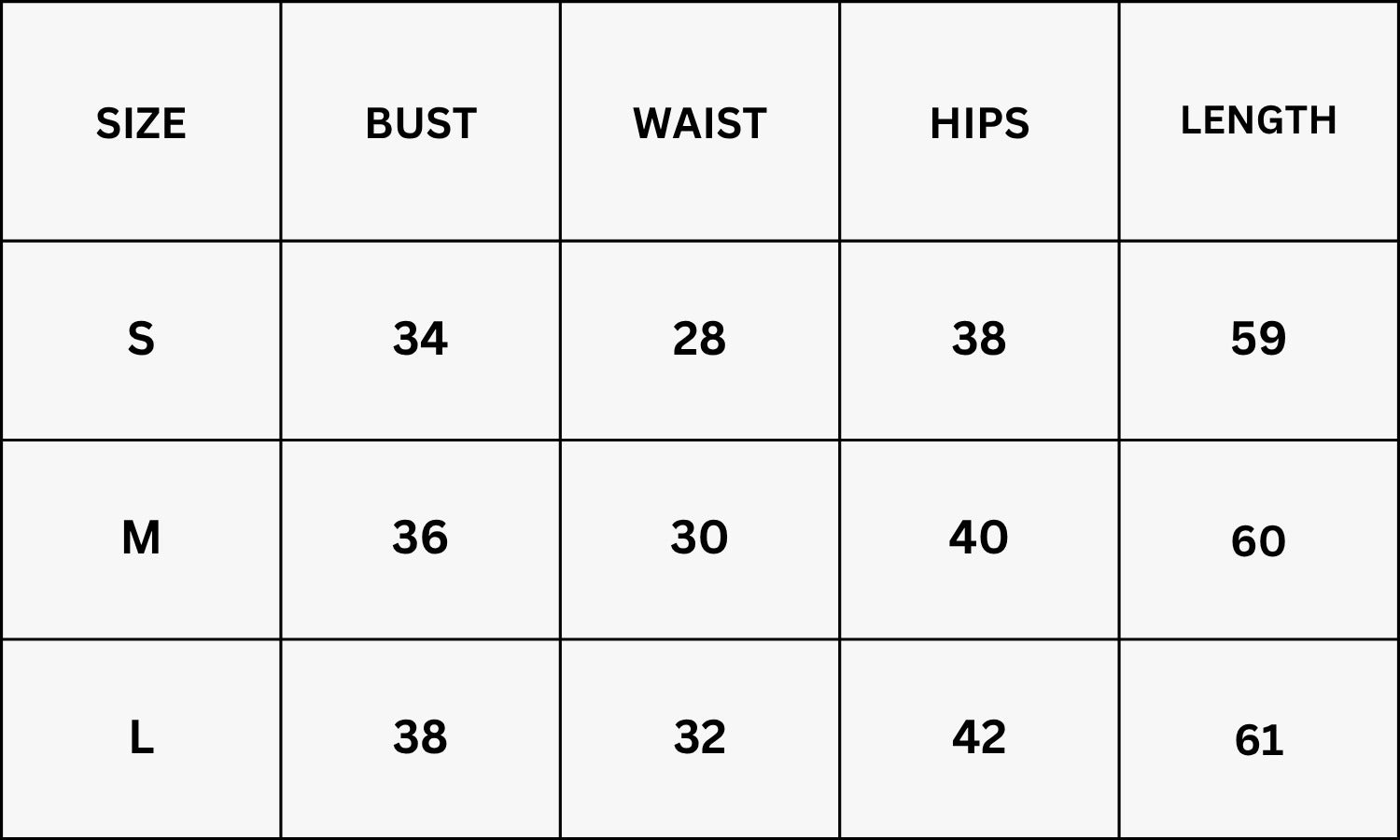 Size Chart for Mystery Nightfall Dress - Black