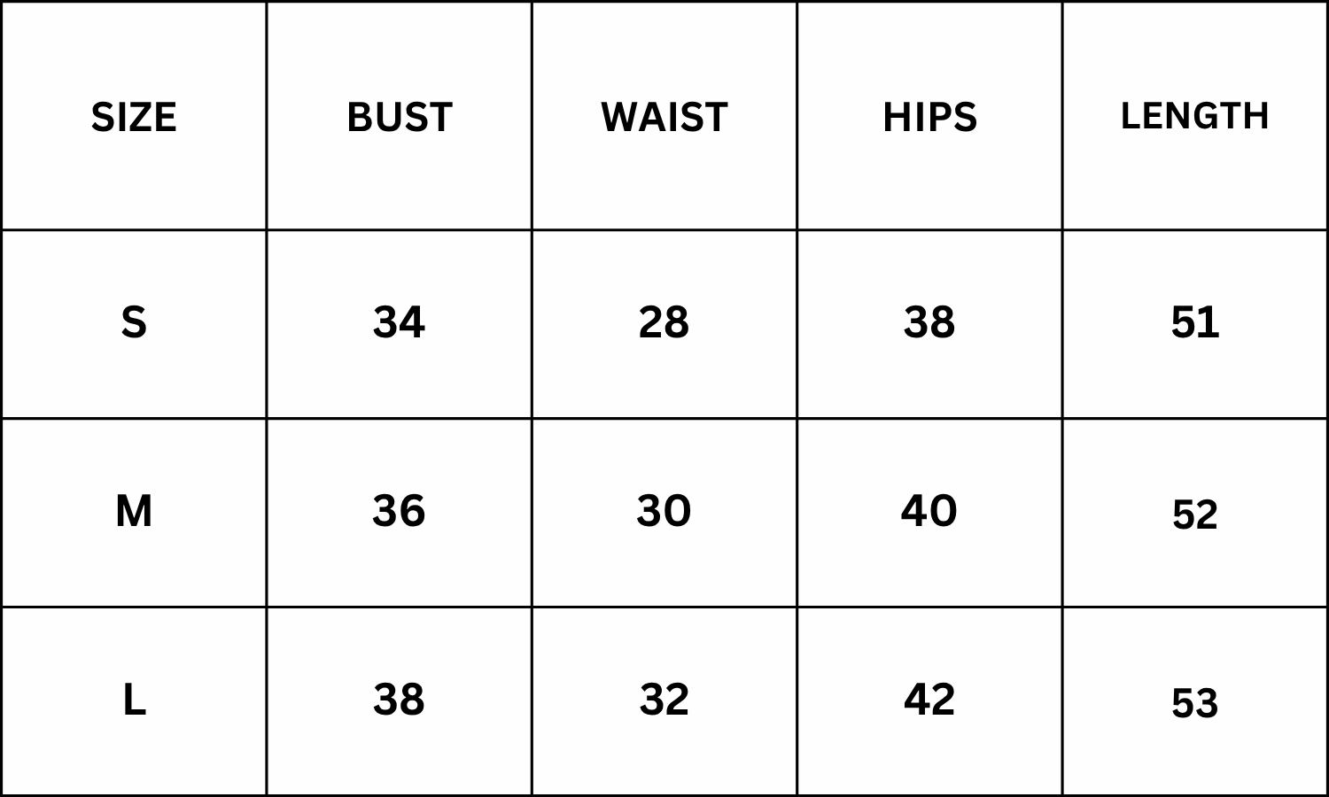 Size Chart for Yara Dress - Black
