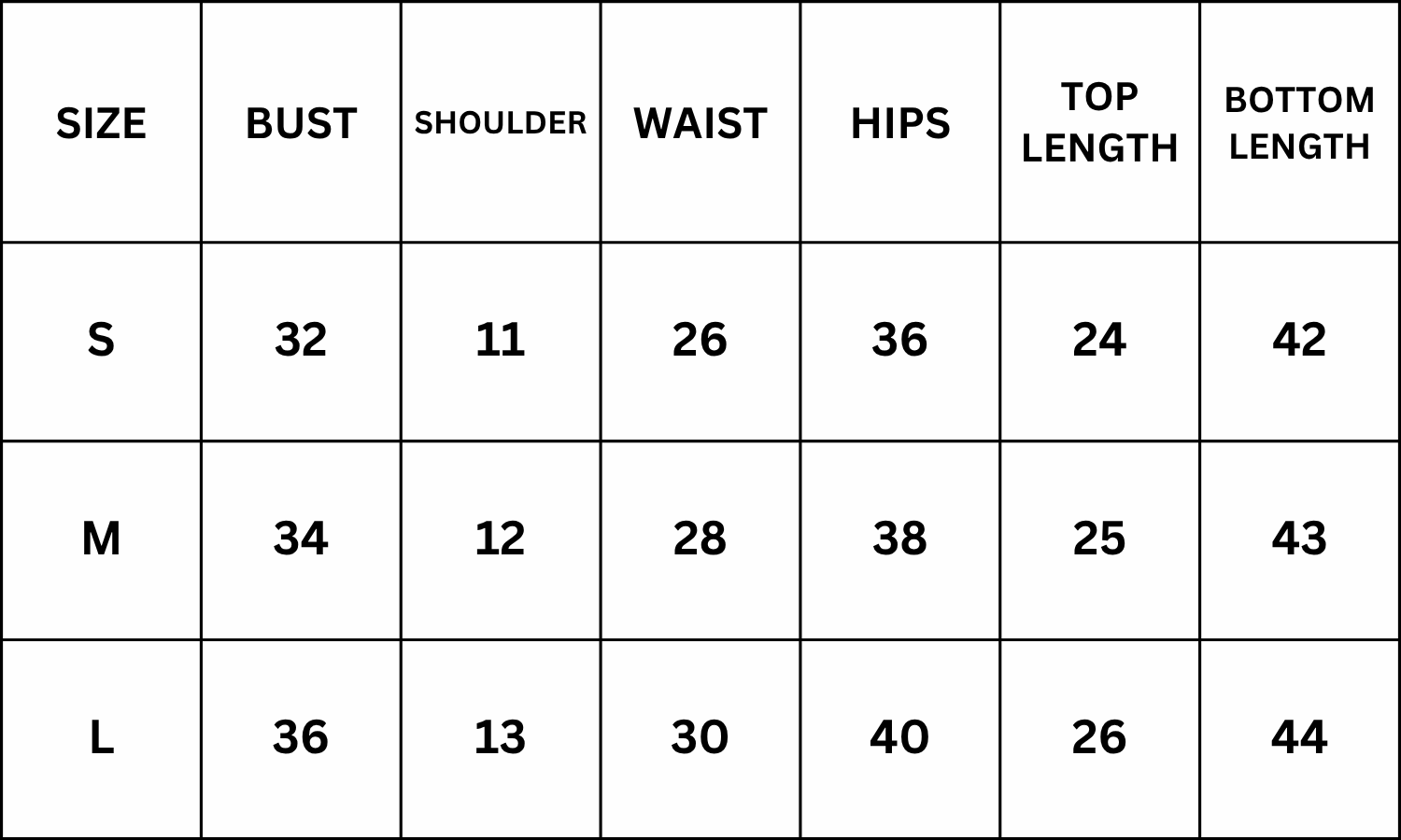 Size Chart for Clanton Co-Ord set - White