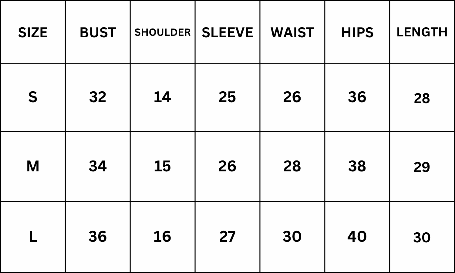 Size Chart for Agena Top- White