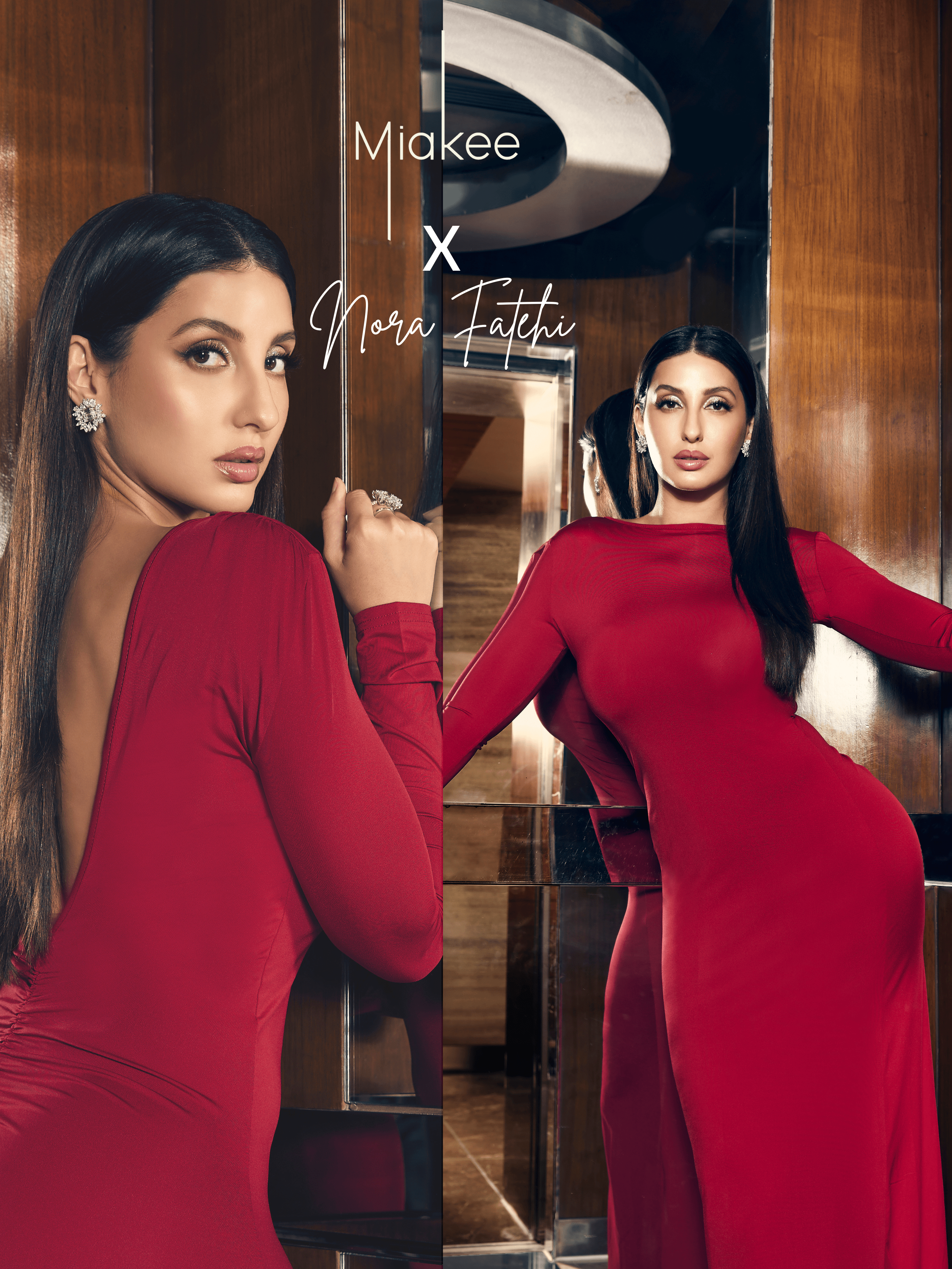 Miakee fashion banner featuring Nora Fatehi, showcasing stylish apparel pieces with the brand logo lightly visible mobile version