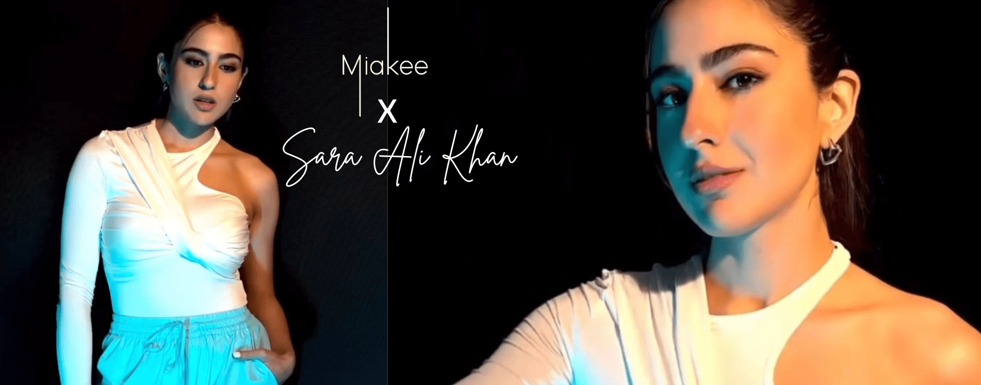 Miakee fashion graphic featuring Sara Ali Khan, bold typography and modern design elements on a clean, minimalist background