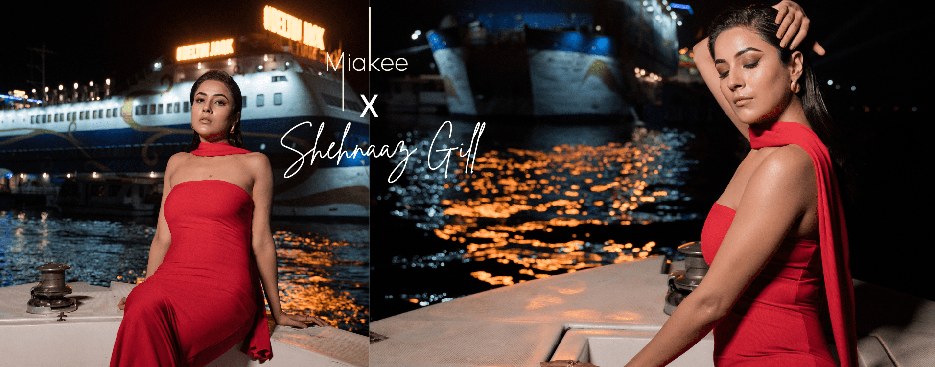 Miakee fashion banner featuring Shehnaz Gill in an elegant apparel piece over a soft background with subtle branding accents