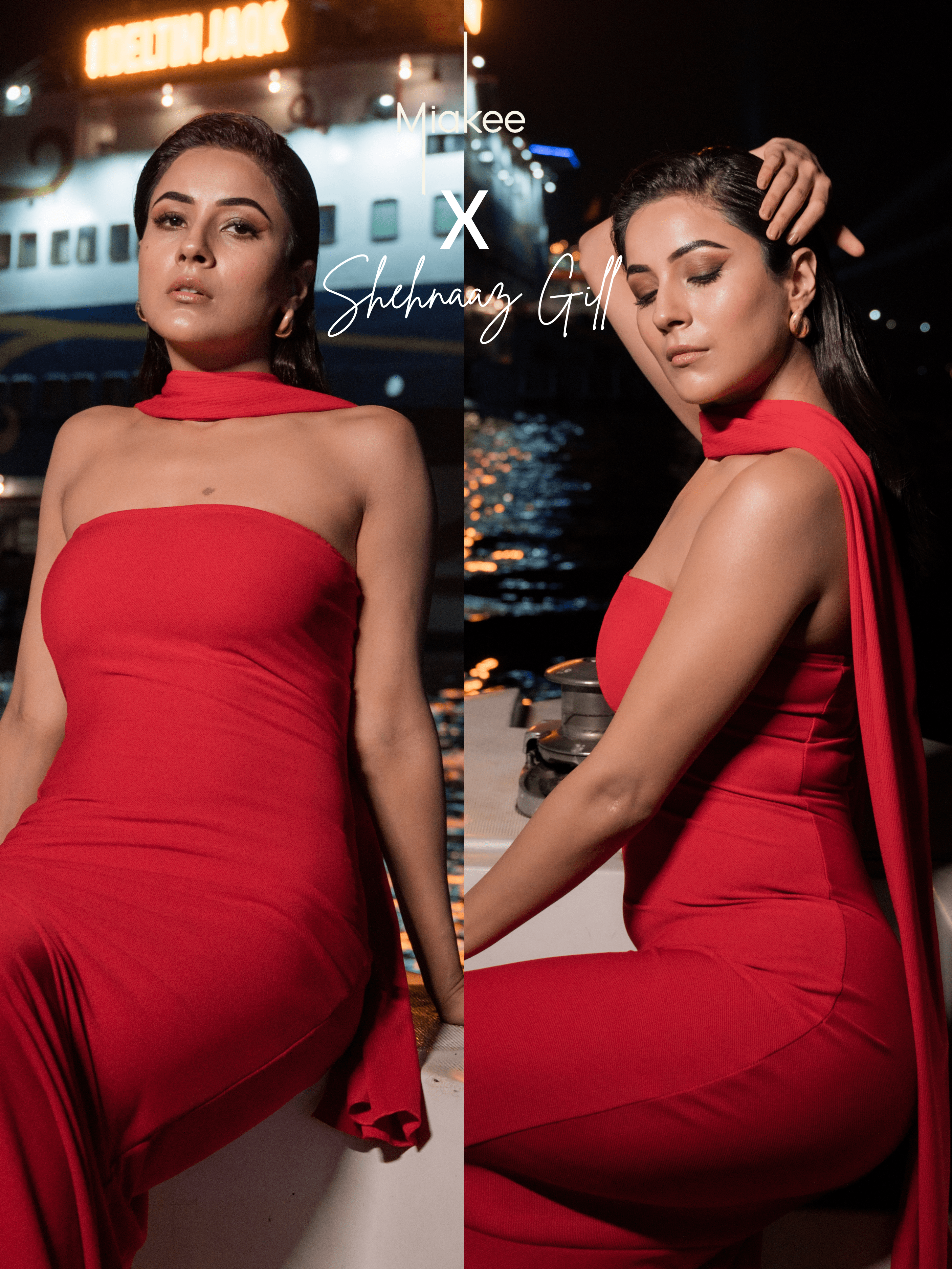 Miakee fashion banner featuring Shehnaz Gill in an elegant apparel piece over a soft background with subtle branding accents mobile version