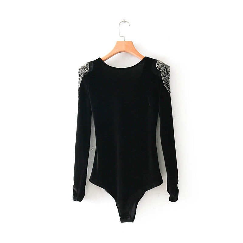 Fortnight Embellished V-neck Bodysuit - Black