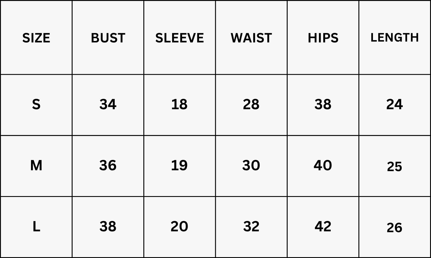 Size Chart for Bae Mini Dress