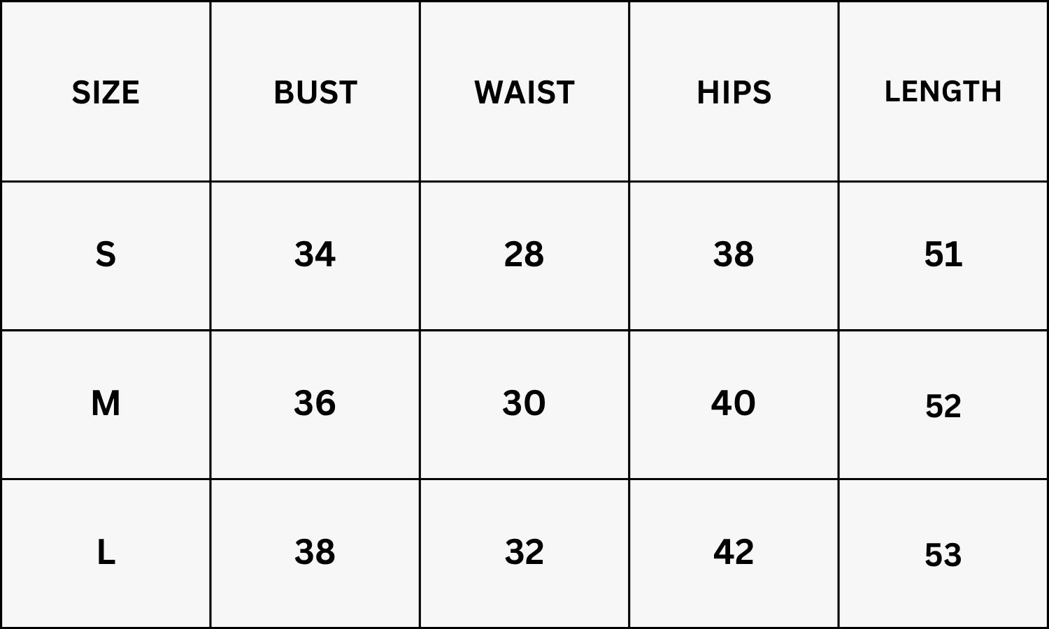 Size Chart for Senorita Dress