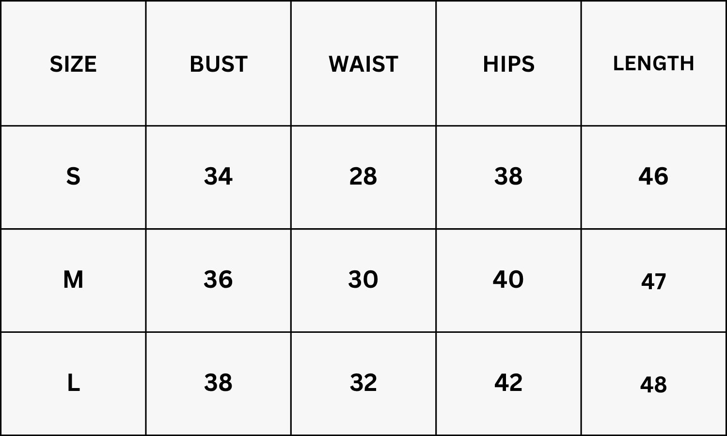 Size Chart for Zahira Dress - Black