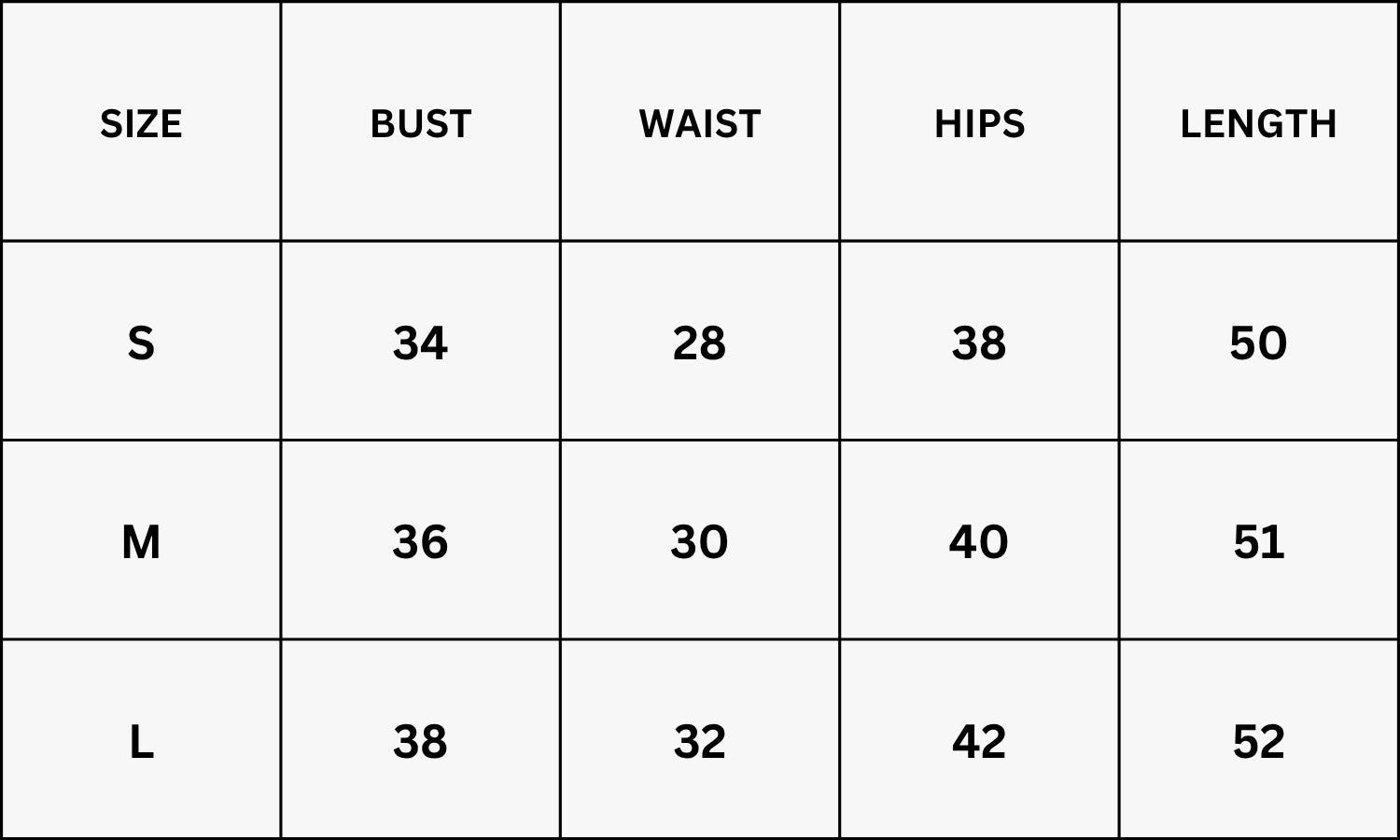 Size Chart for Elara Off Shoulder Dress