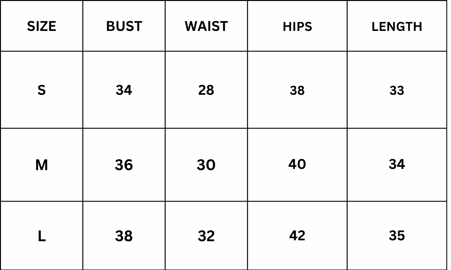 Size Chart for Melanie Dress - Black