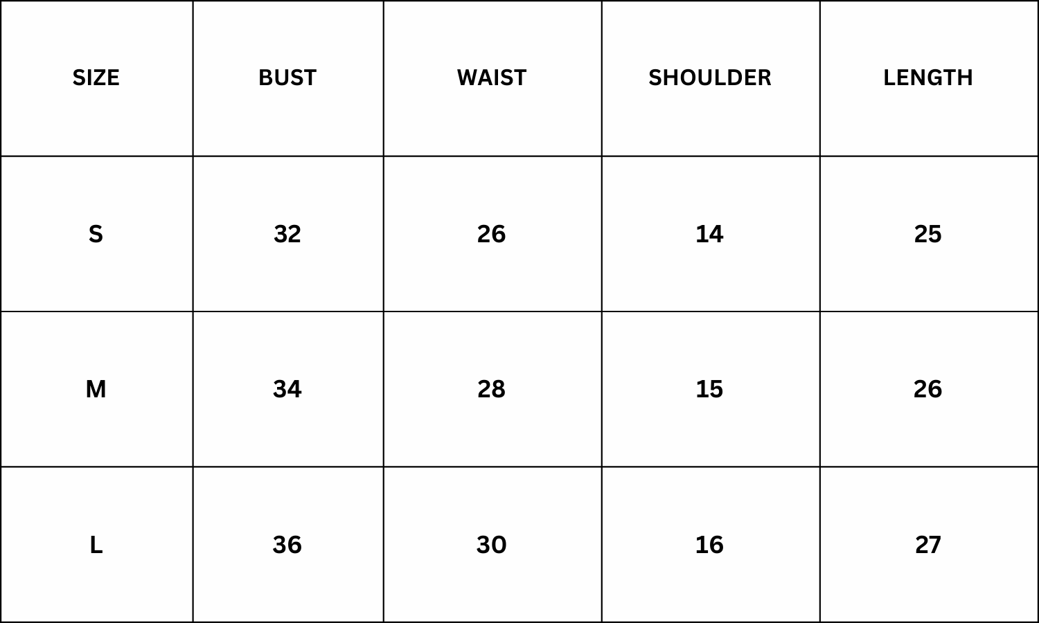 Size Chart for Jane Top - Black