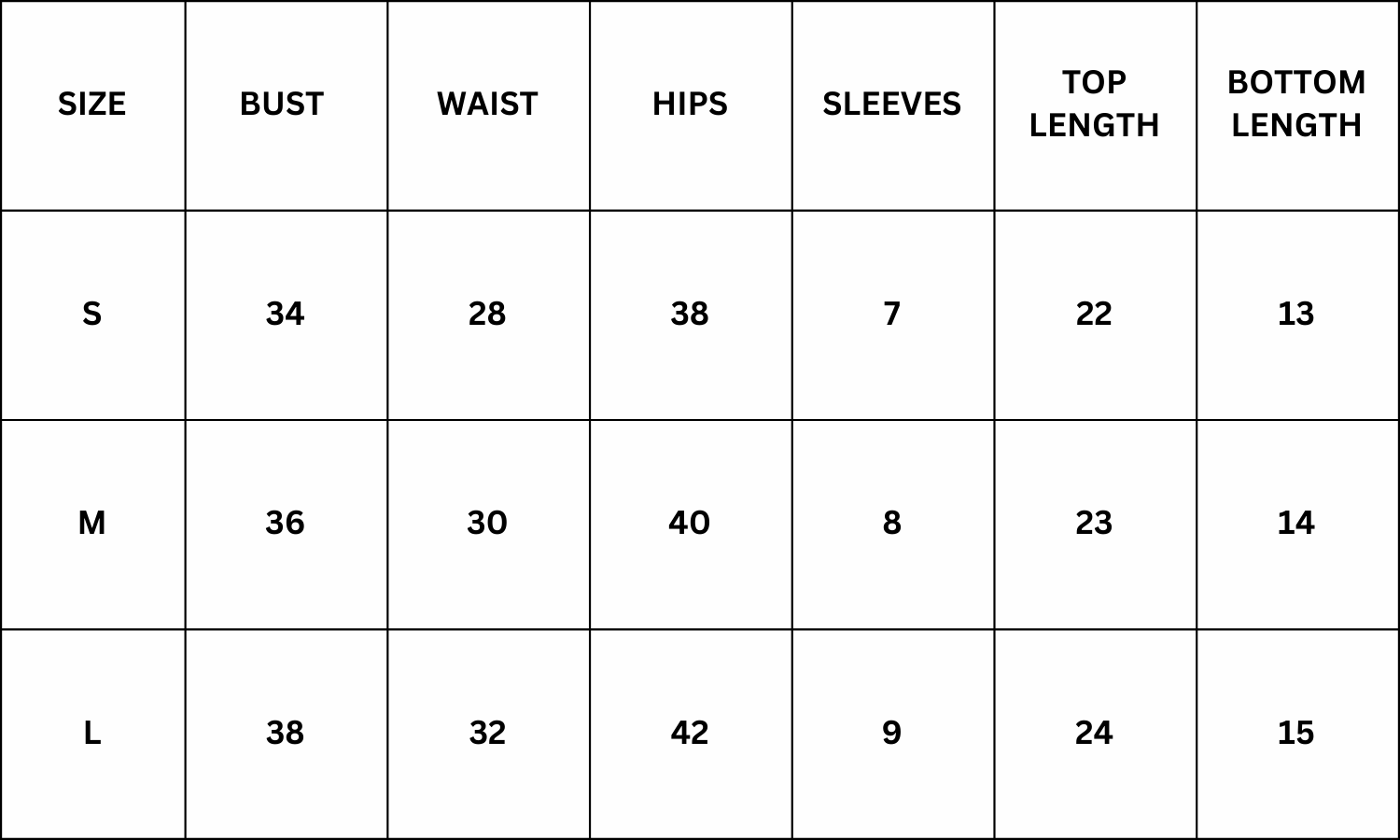 Size Chart for Amy Night Suit Set - White