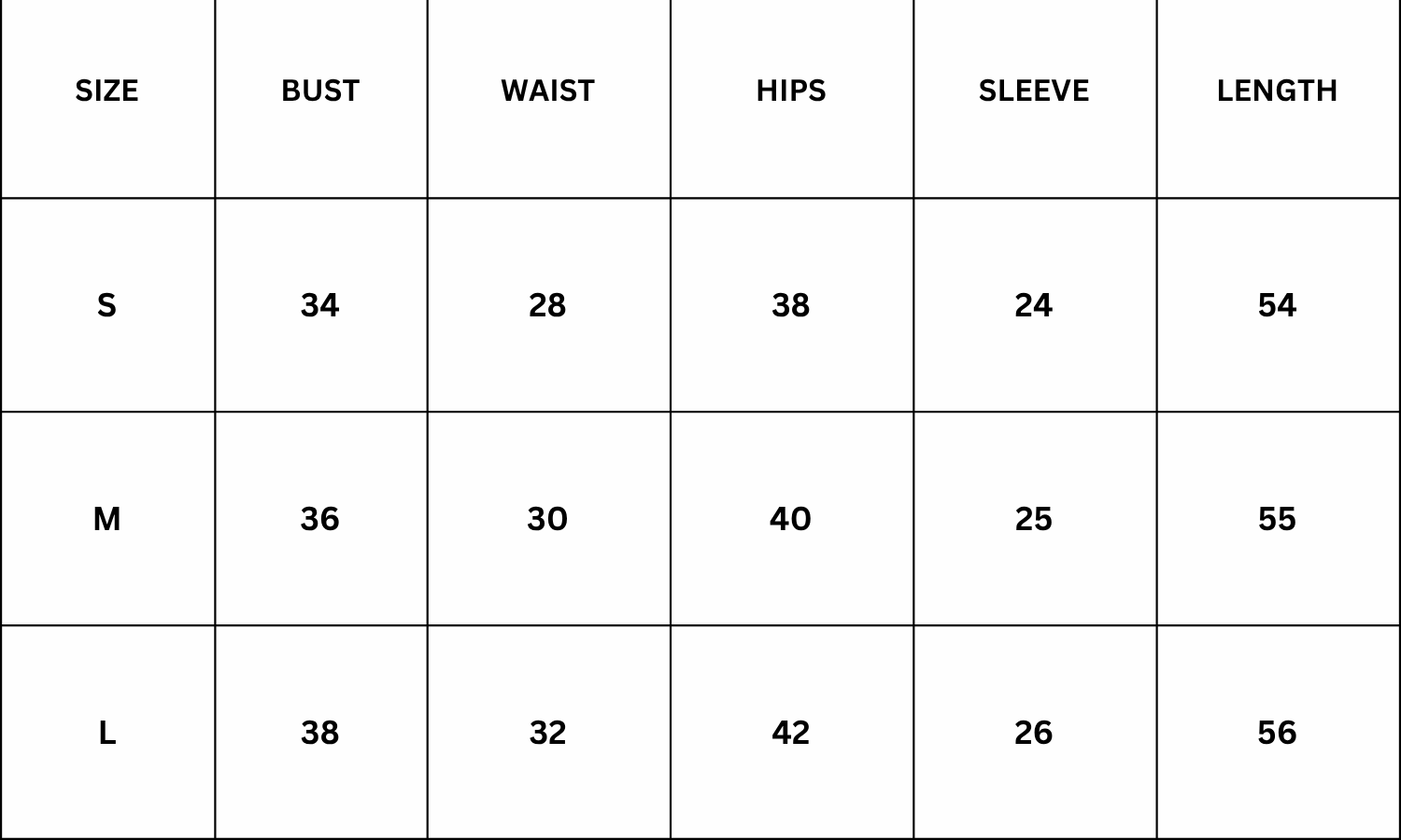 Size Chart for Marlene Maxi Dress - Black