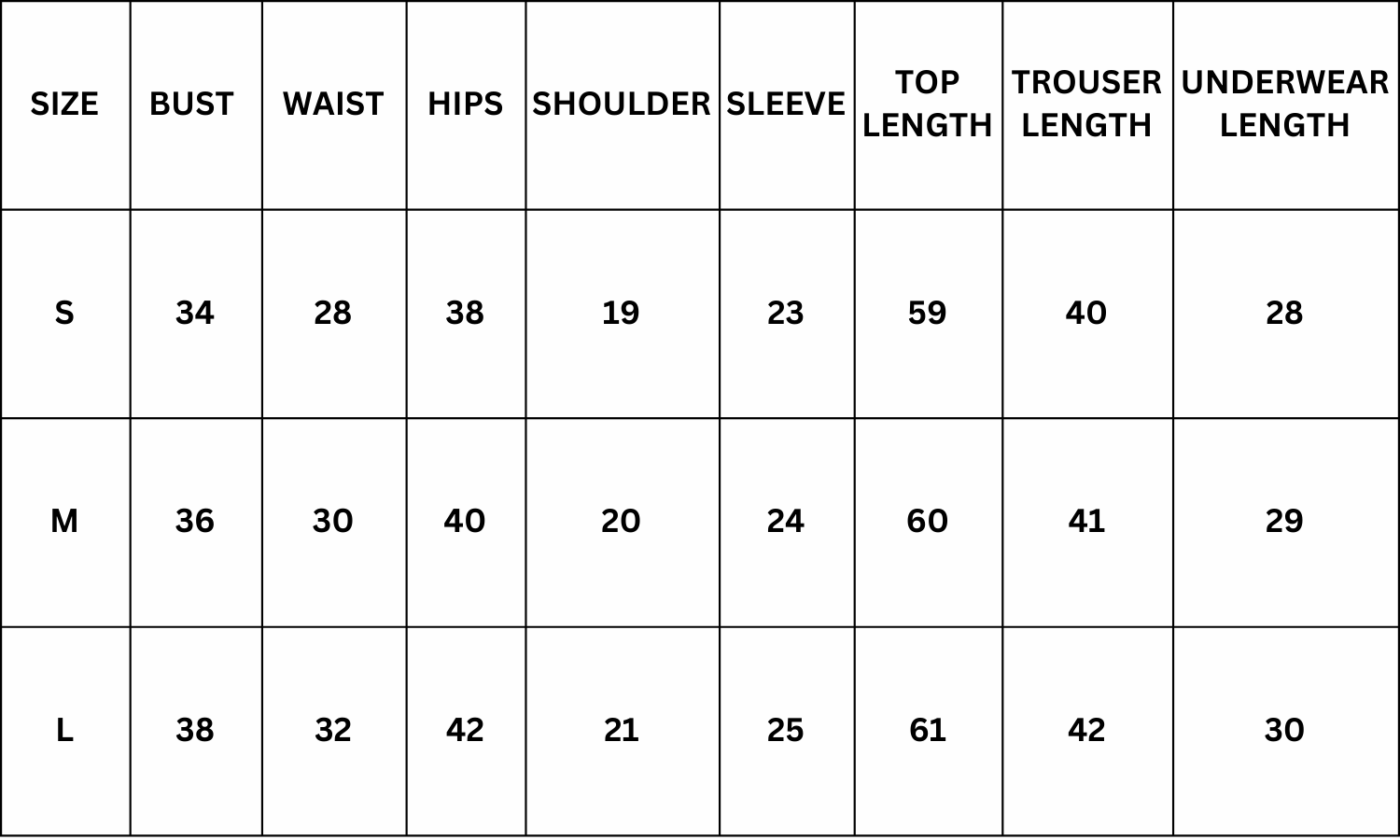 Size Chart for Demi Night Suit Set - Green