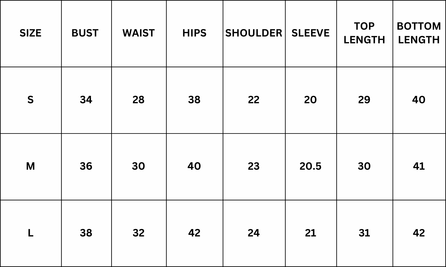 Size Chart for Jenny Night Suit Set - Pink