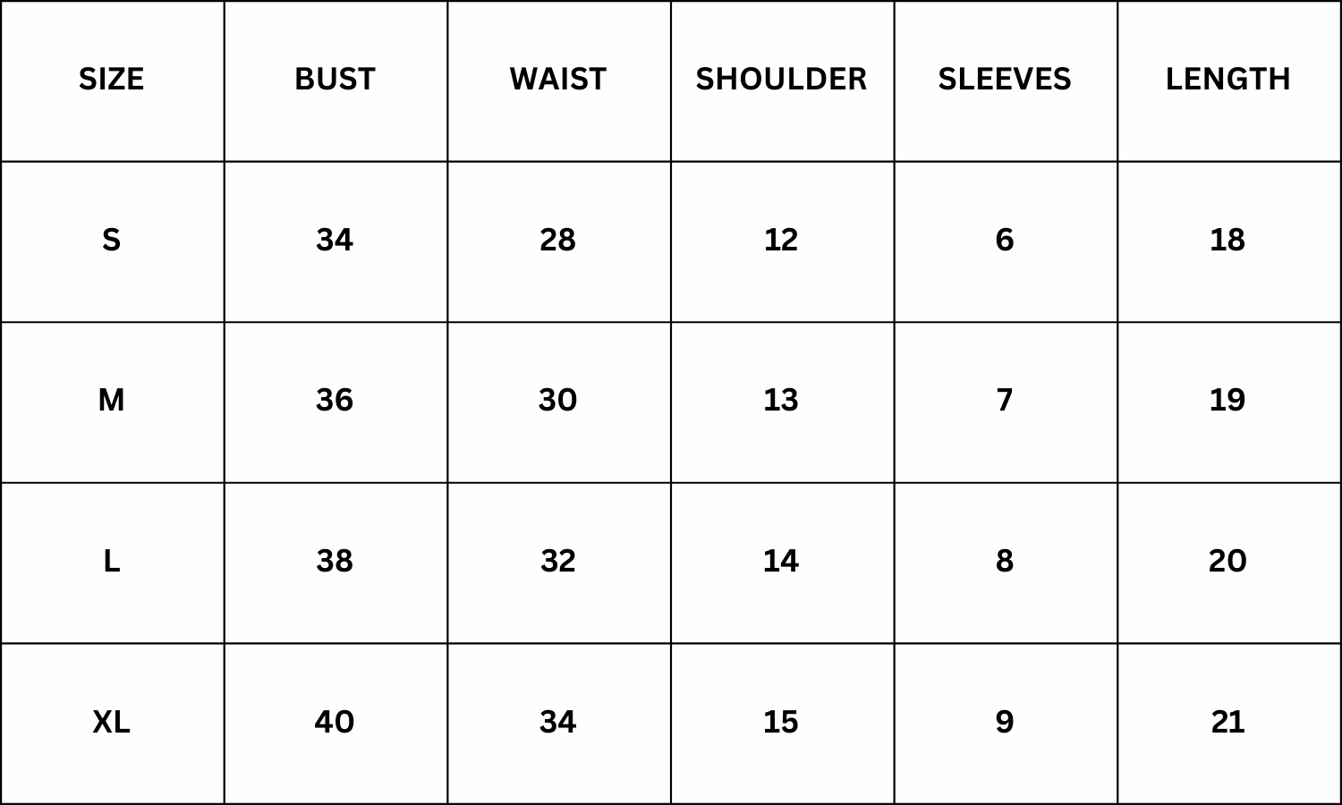 Size Chart for Amira Top - Pink
