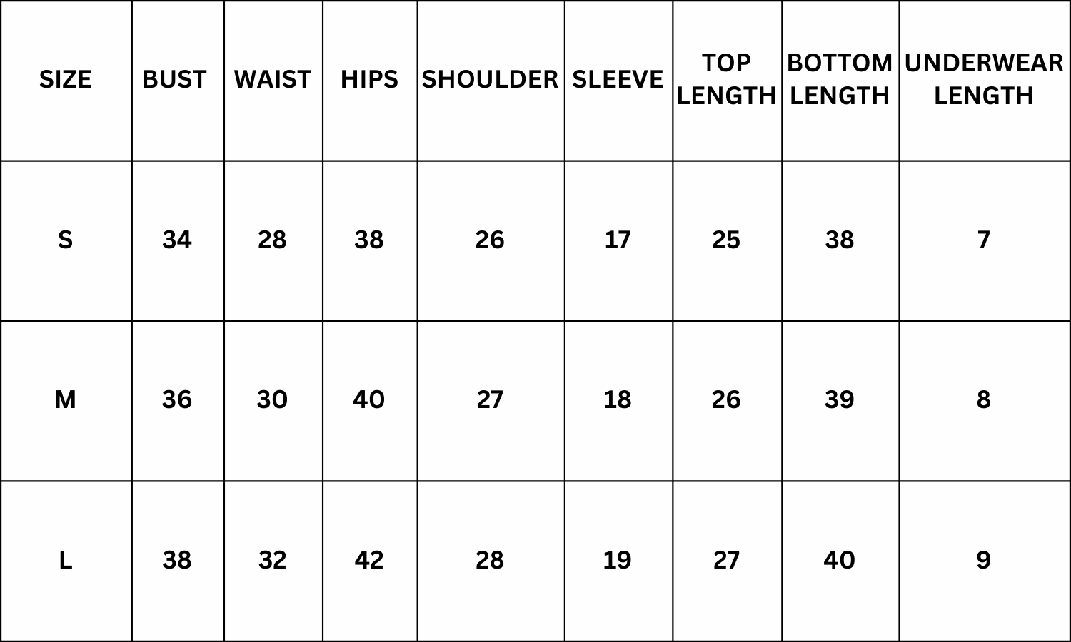 Size Chart for Annie 3 Piece Set - Brown