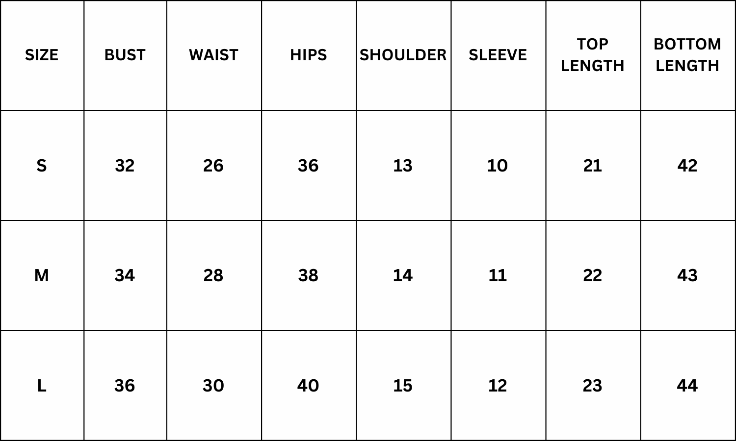 Size Chart for Valerie Co-ord - White