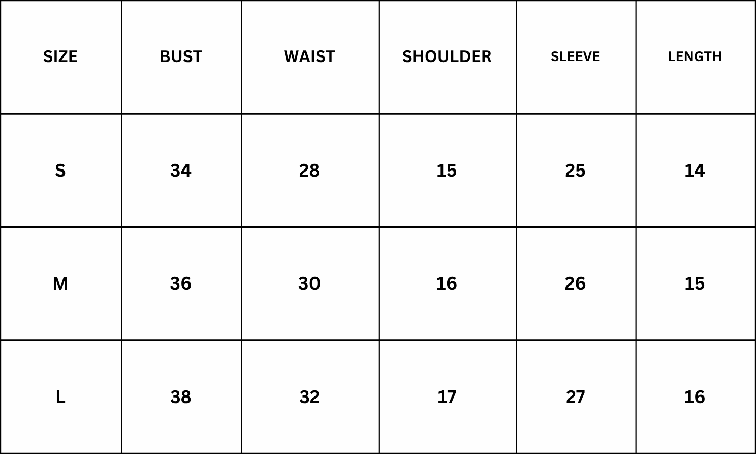 Size Chart for Vernon Top - Black