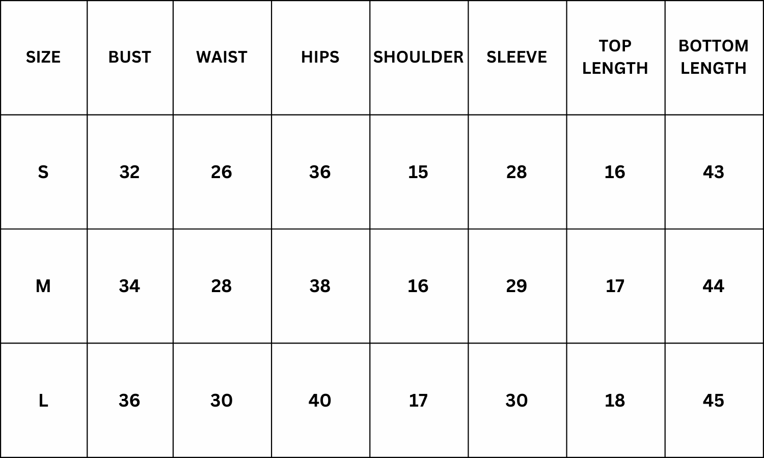 Size Chart for Jimmy Co-ord - Black