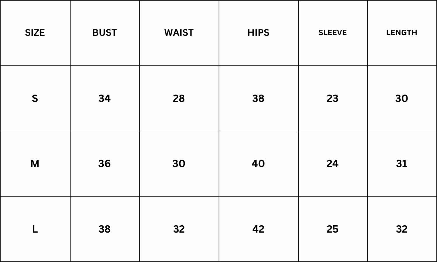 Size Chart for Reginald Dress - Black