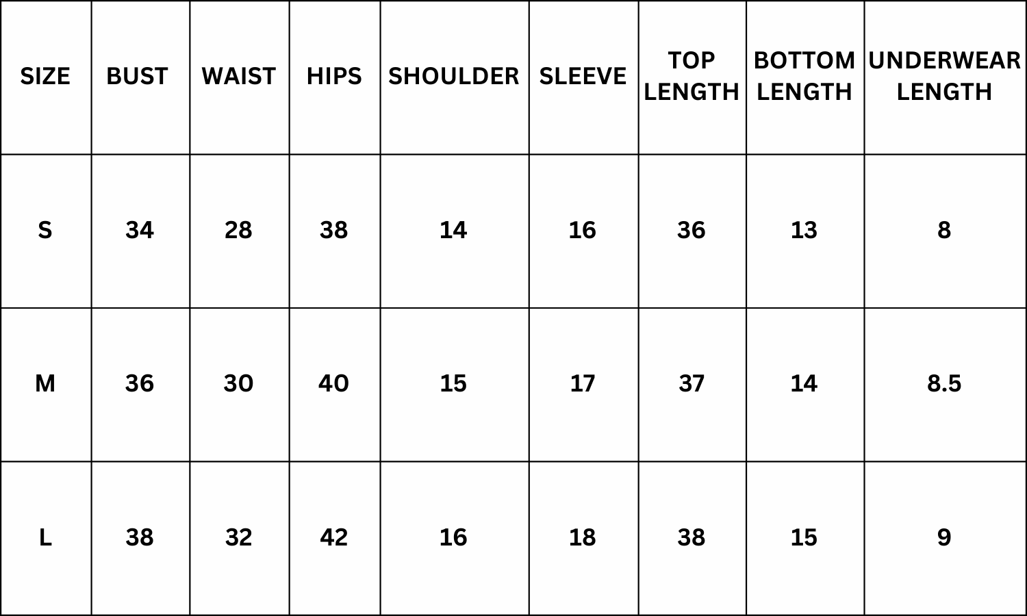 Size Chart for Sandra 3 Piece Set - White
