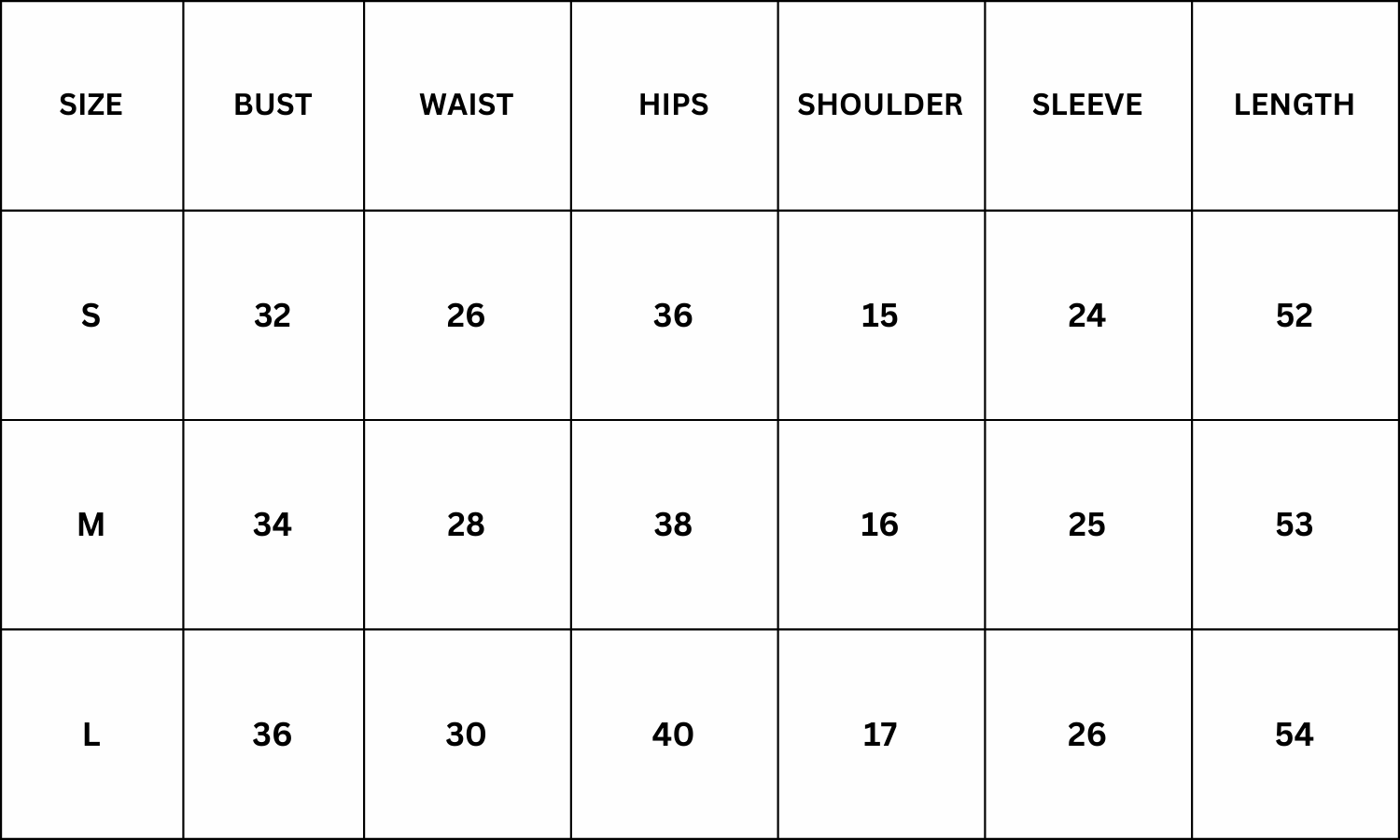 Size Chart for Devora Dress - Black