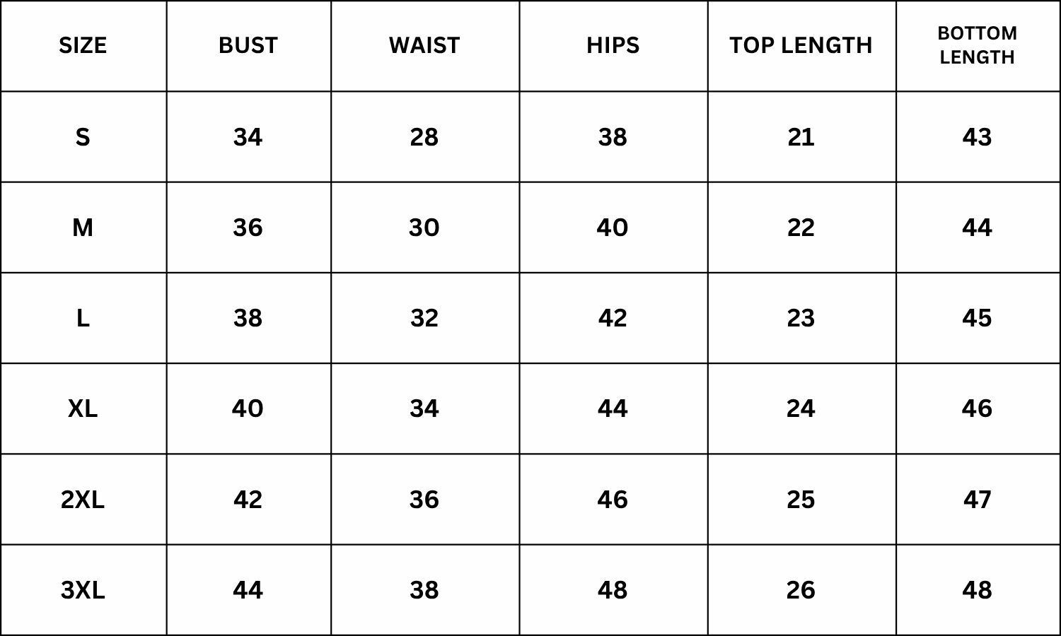 Size Chart for Beatrice Co-ord - Black