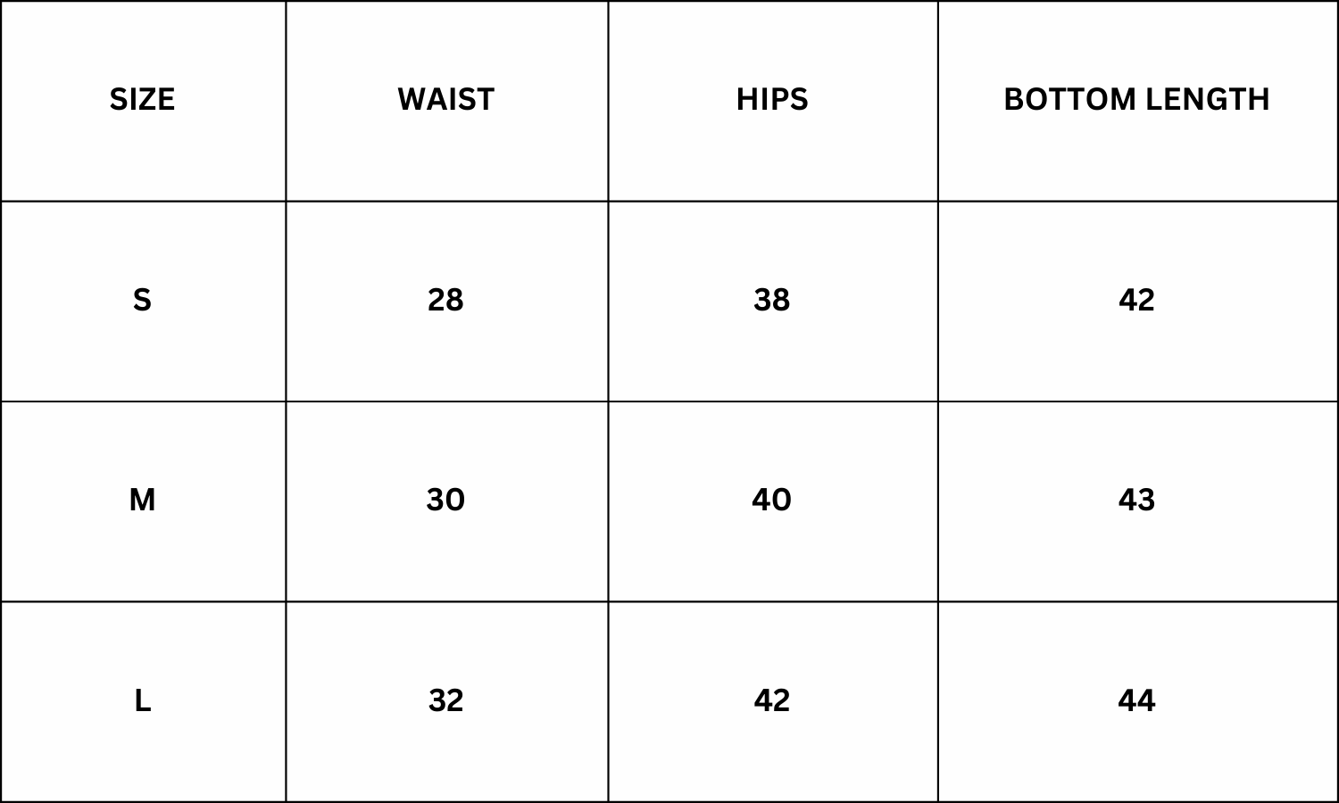 Size Chart for Reese Pants - Black