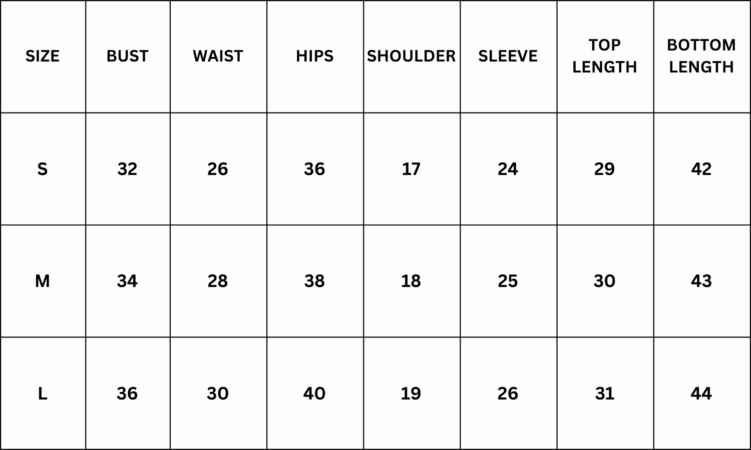 Size Chart for Peyton Co-ord - Yellow