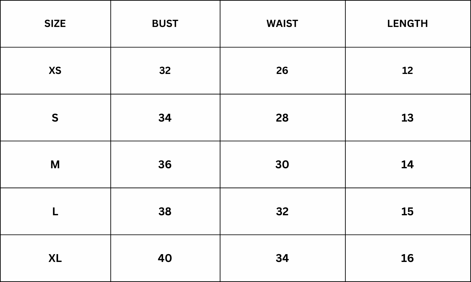 Size Chart for Becky Top - Black