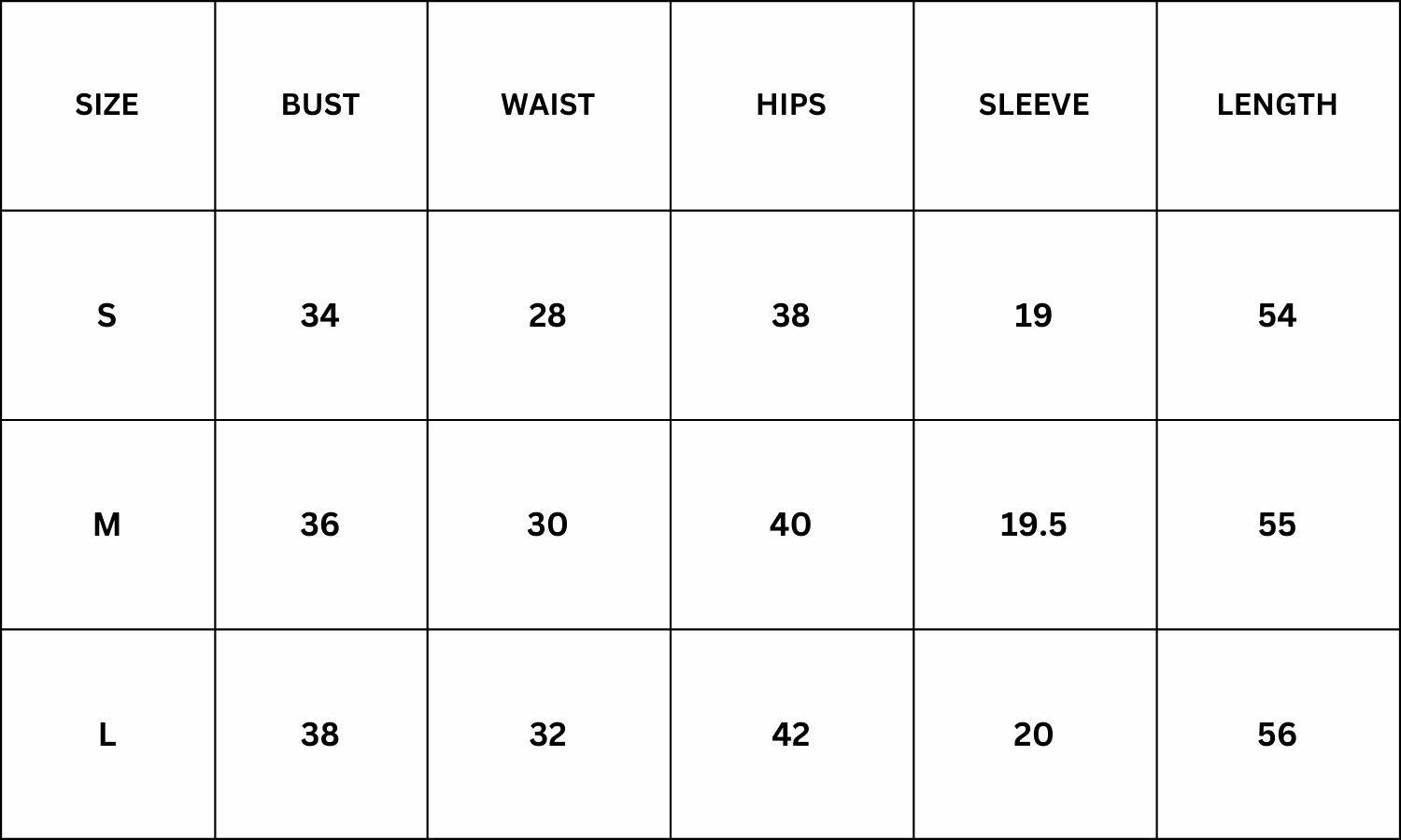 Size Chart for Gracy Maxi Dress - Black