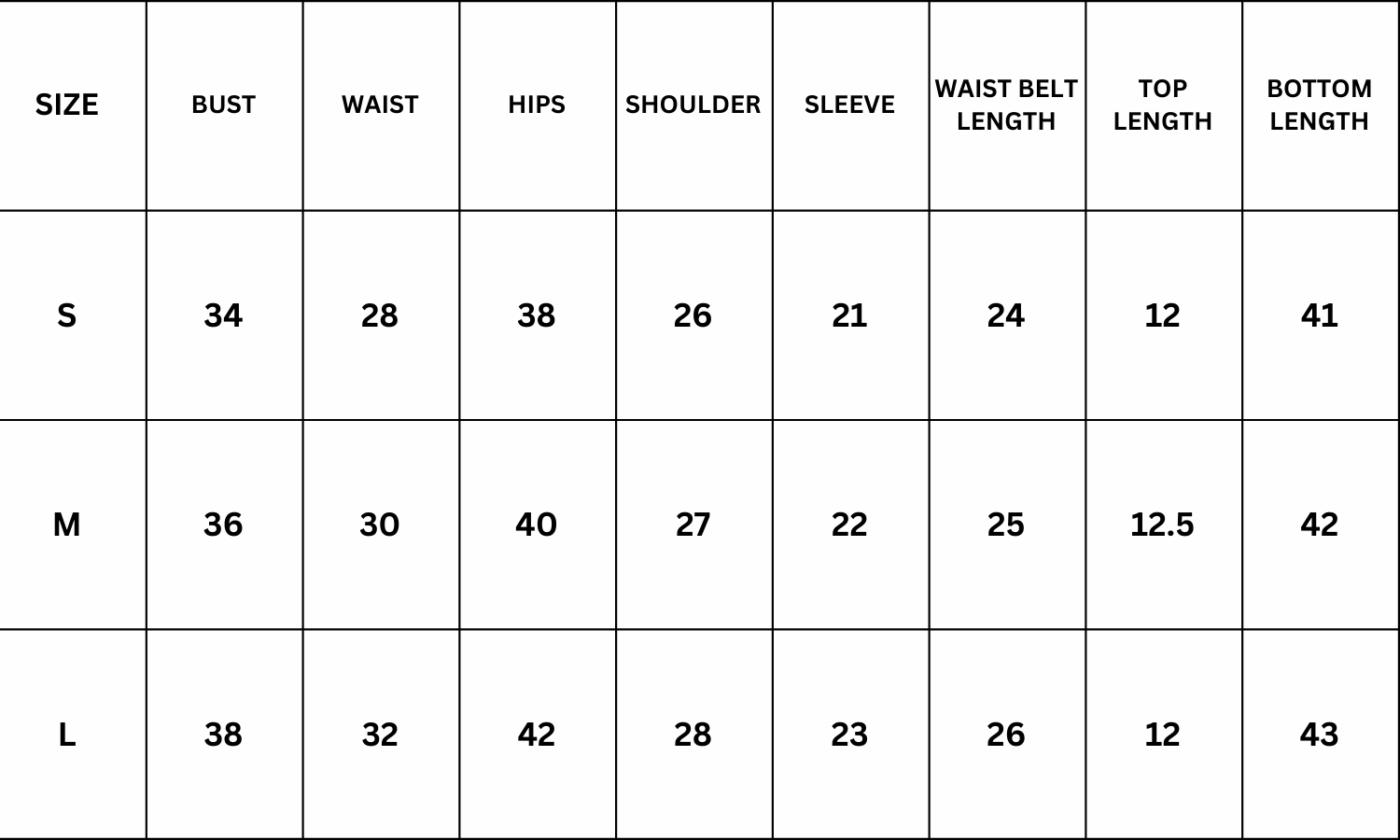 Size Chart for Elysia 3 Piece Set - Pink