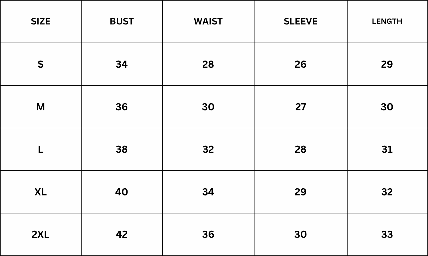 Size Chart for Isolde Top - Dark Brown