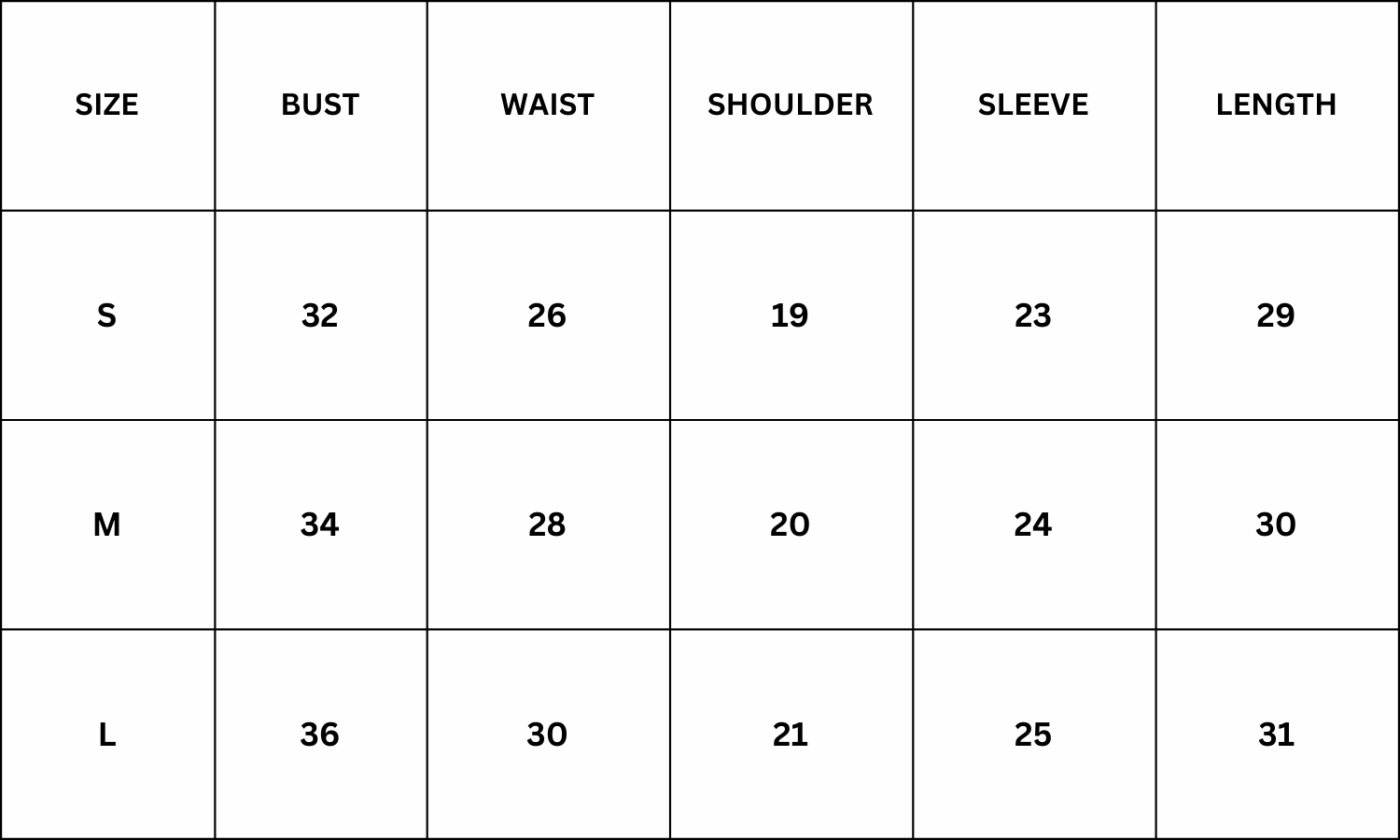 Size Chart for Kriss Shirt - White
