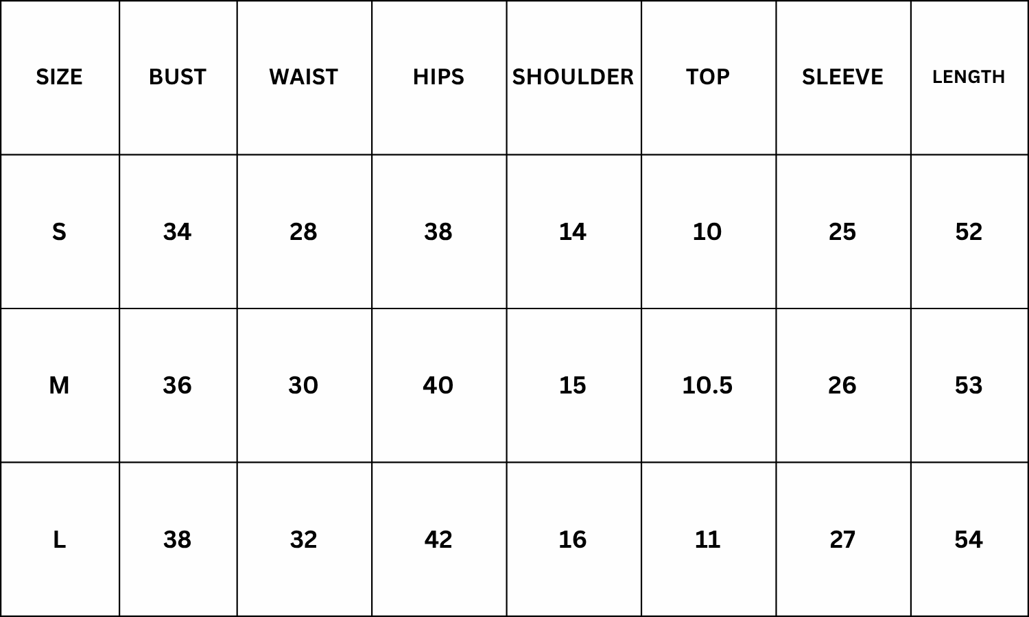 Size Chart for Suzanna Dress - Black