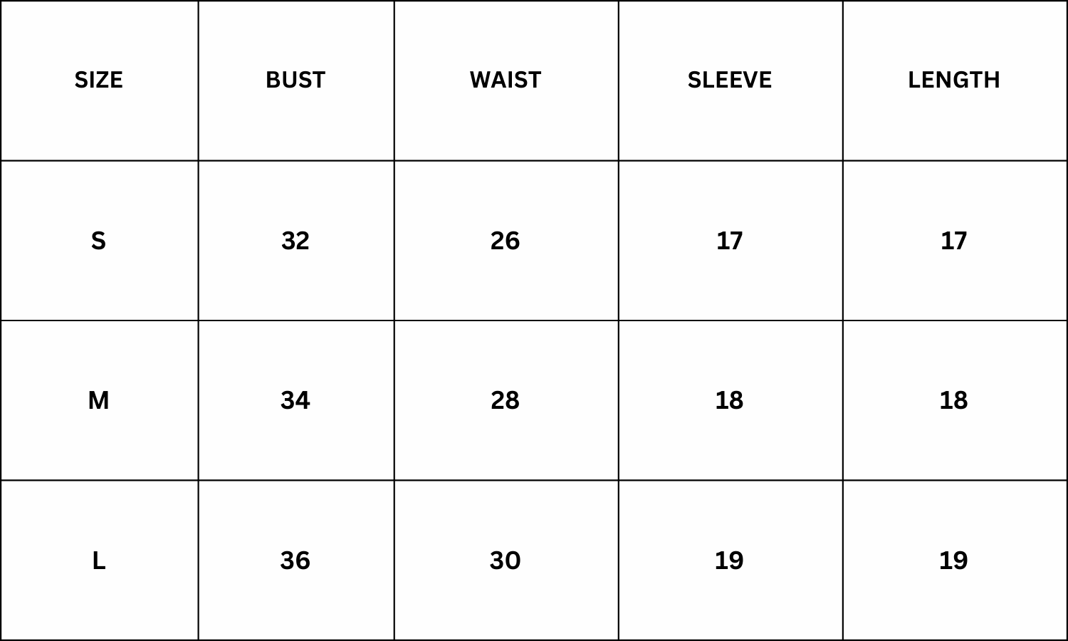 Size Chart for Francis Top - Black