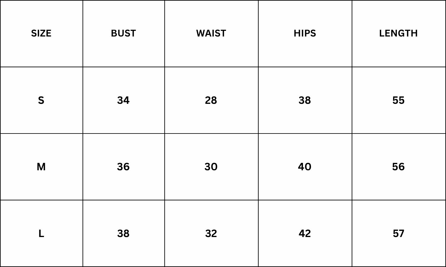 Size Chart for Penny Dress - Black