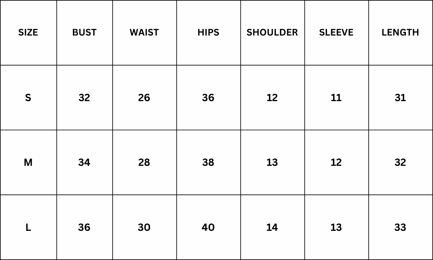 Size Chart for Daphne Dress - Black