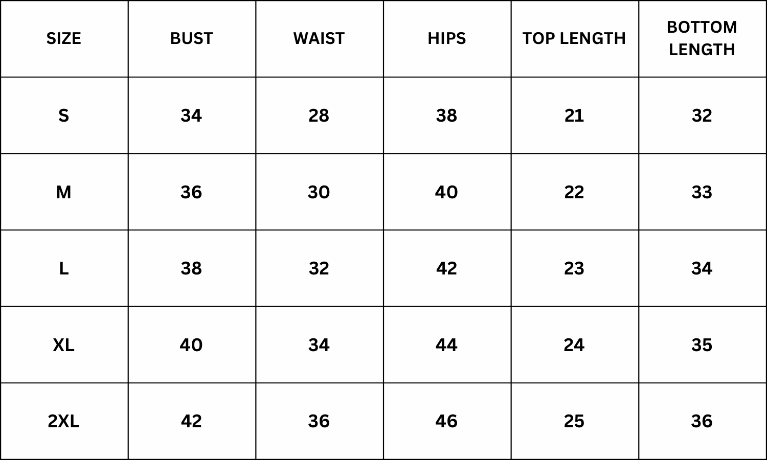 Size Chart for Olira Co ord Set - Black