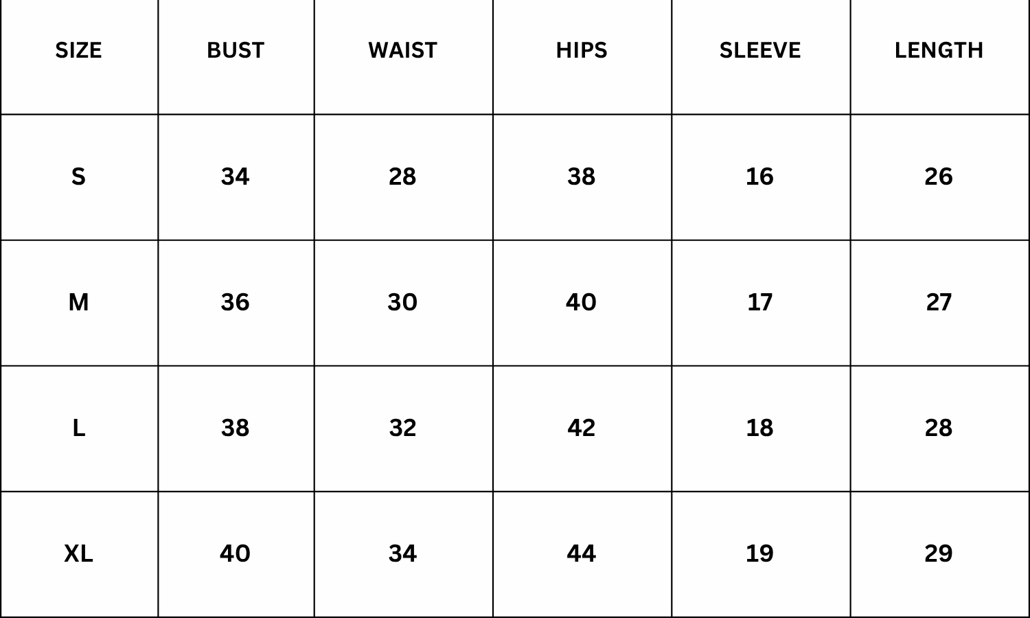 Size Chart for Winnolla Top - Maroon