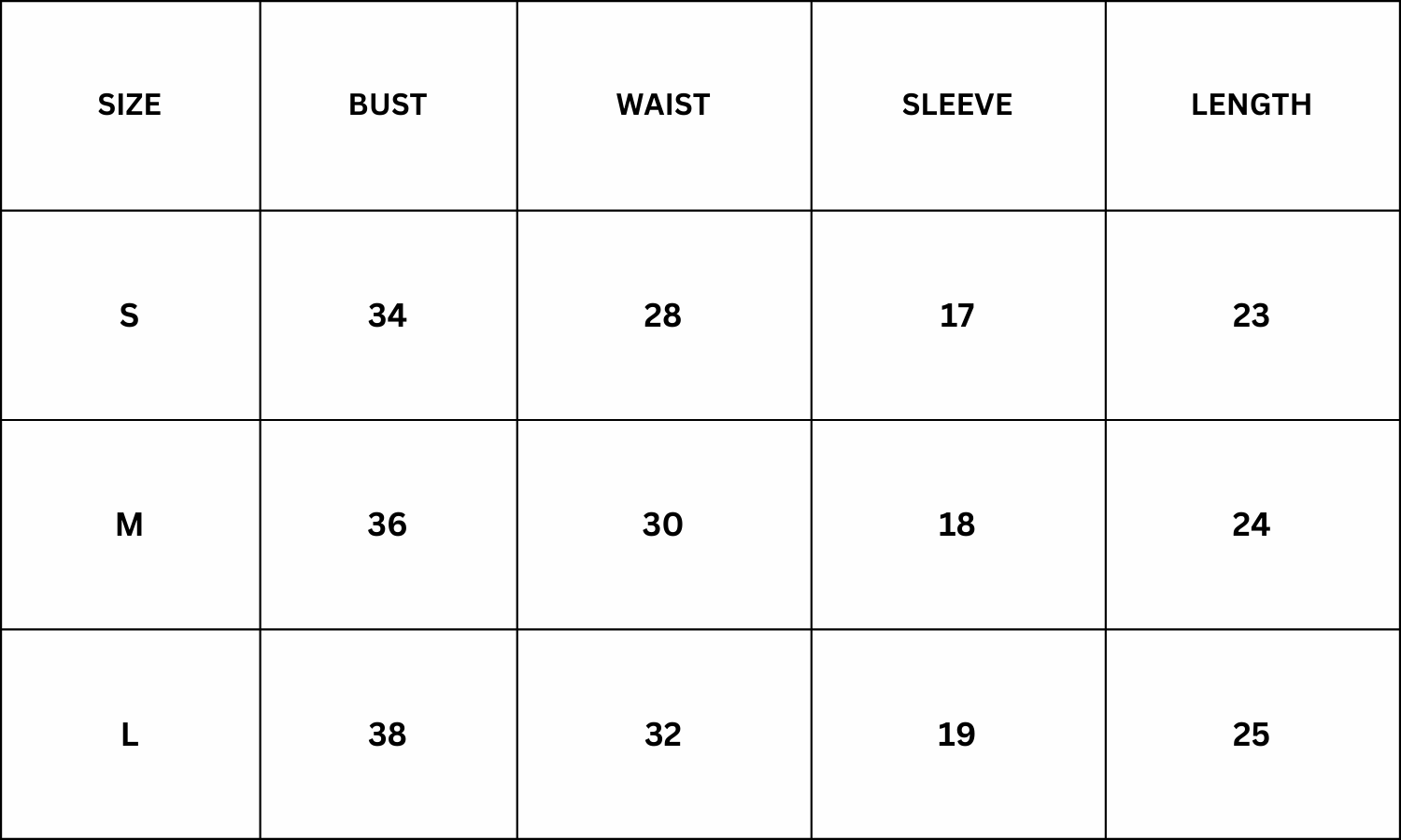 Size Chart for Bonnie Top - Black