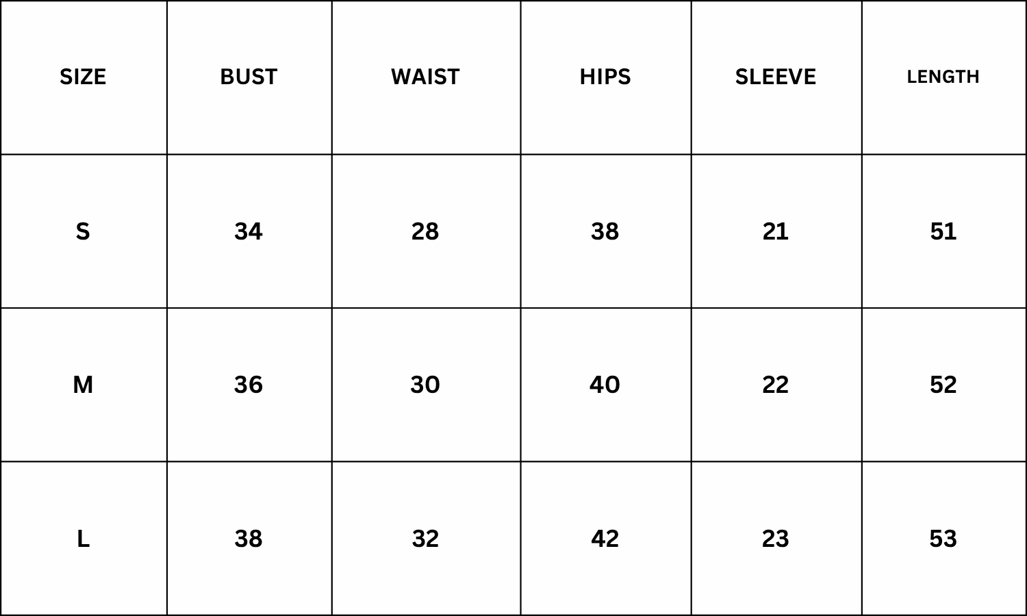 Size Chart for Eva Dress - Yellow