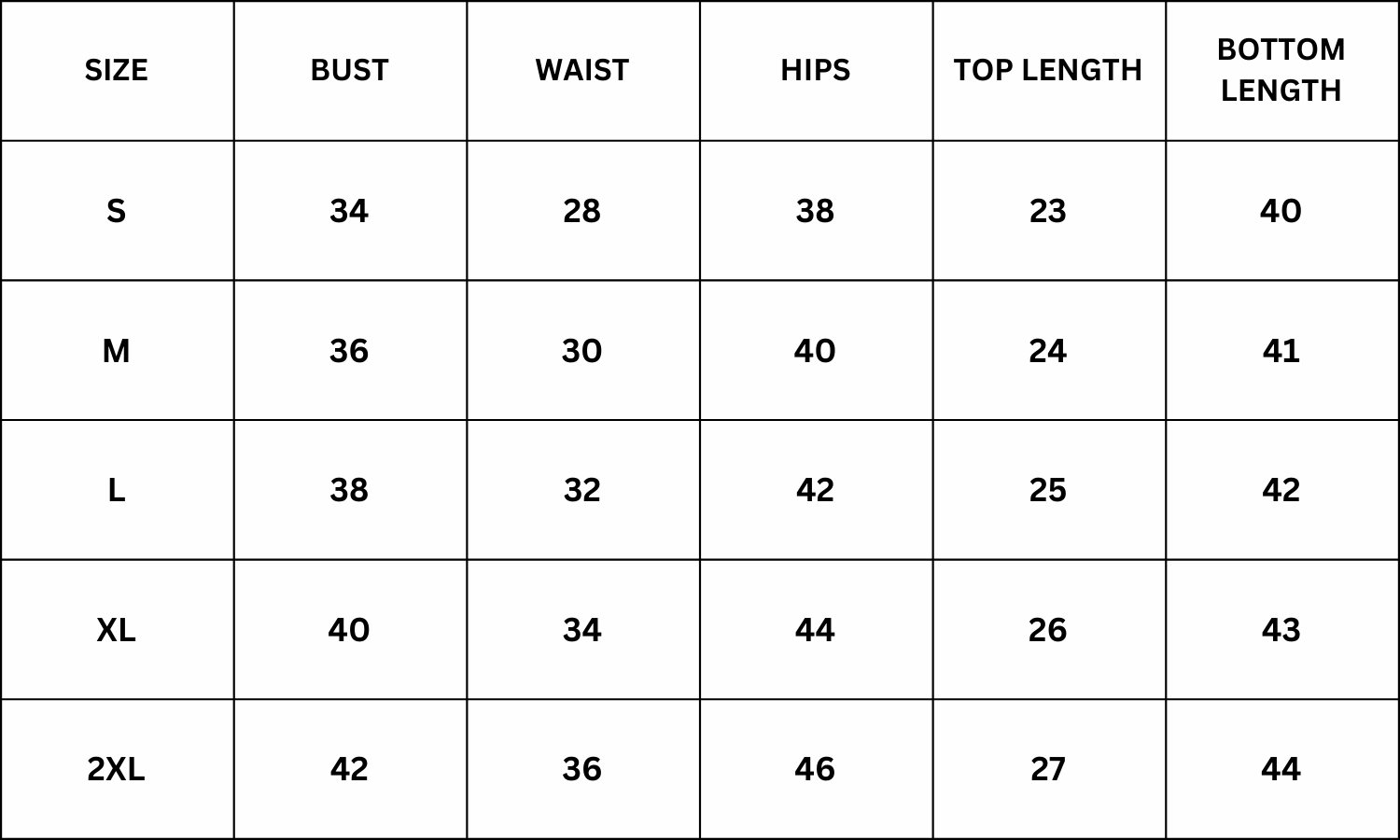 Size Chart for Solis Co ord Set - Yellow