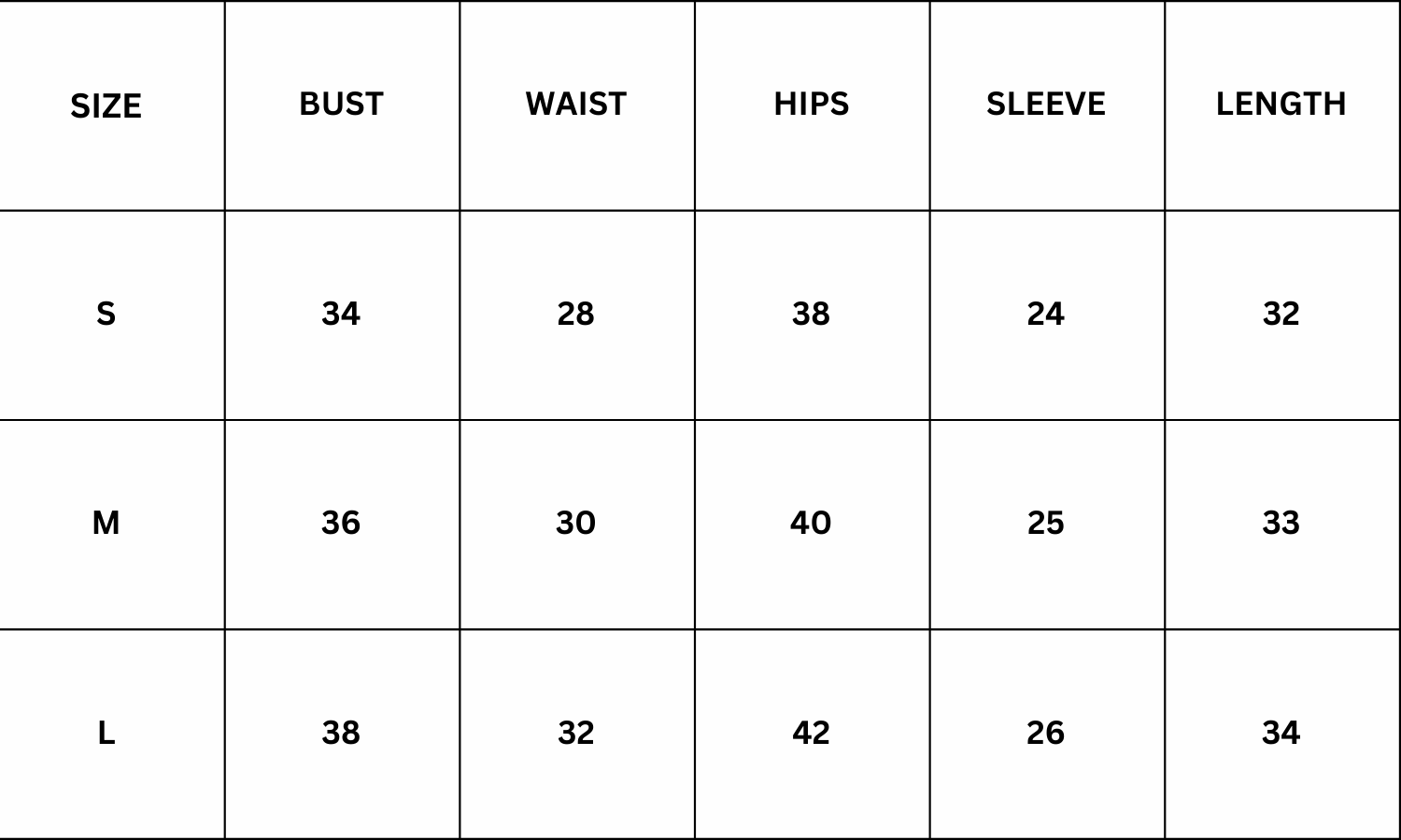 Size Chart for Beatrice Dress - Black