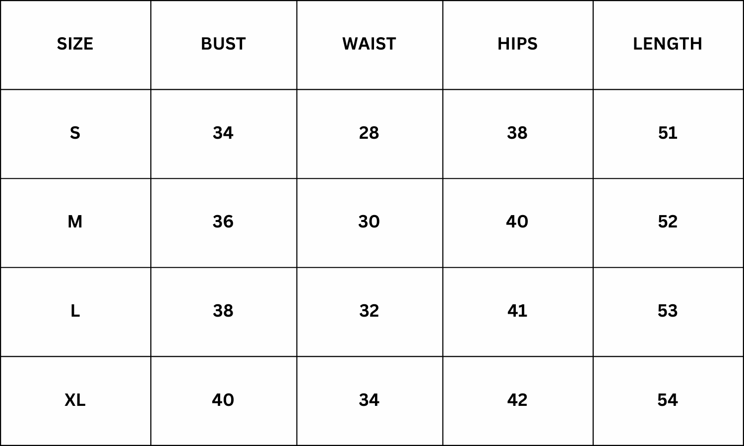 Size Chart for Sassy Maxi Dress - Black