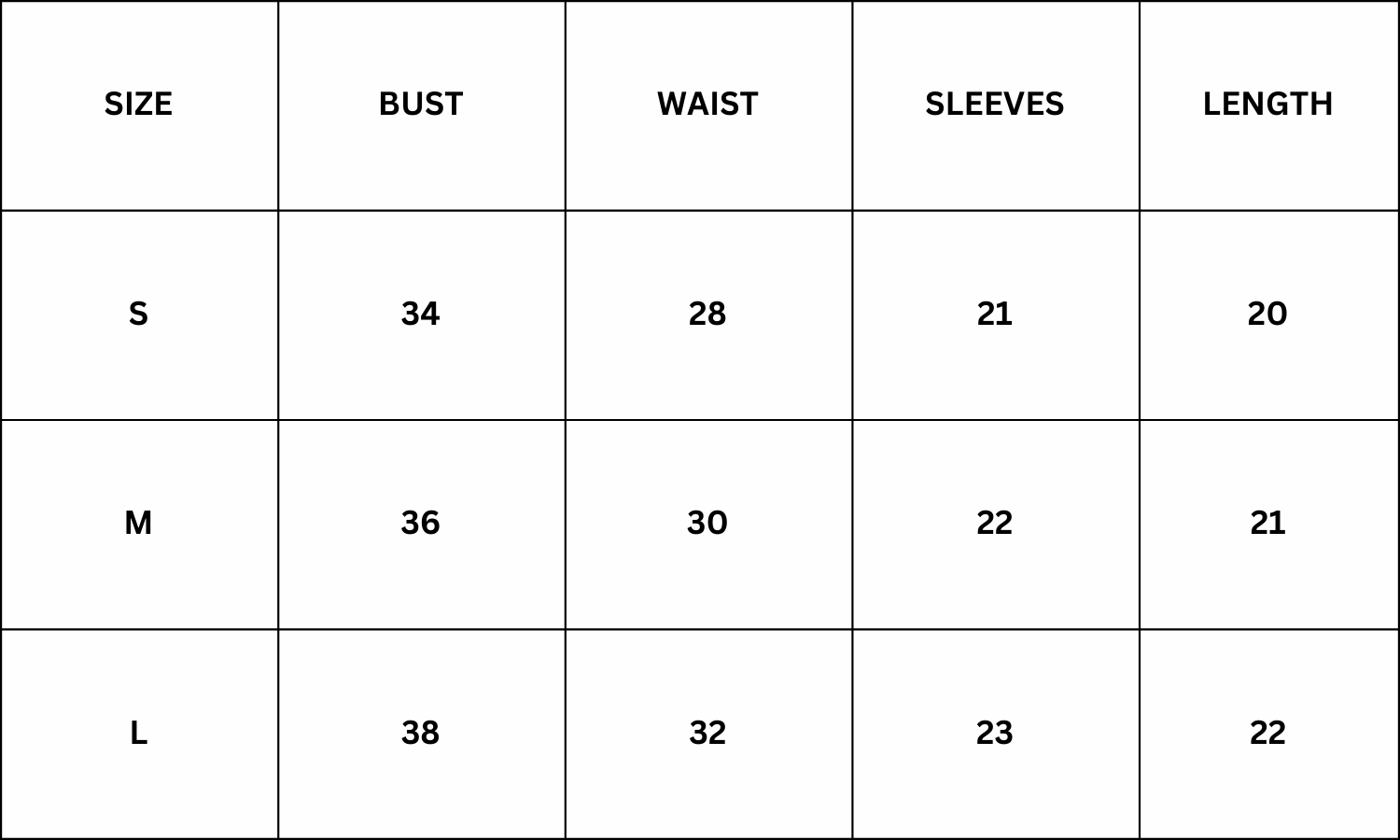 Size Chart for Zephy Top - Black