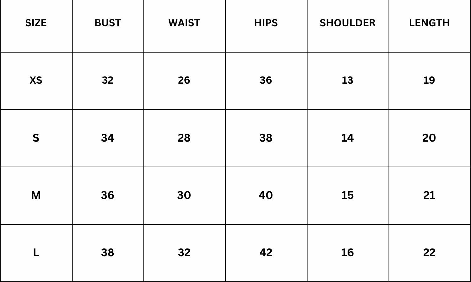 Size Chart for Rosetta Top - Maroon