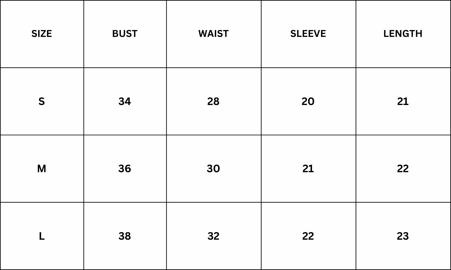 Size Chart for Cleo Jacket - Black