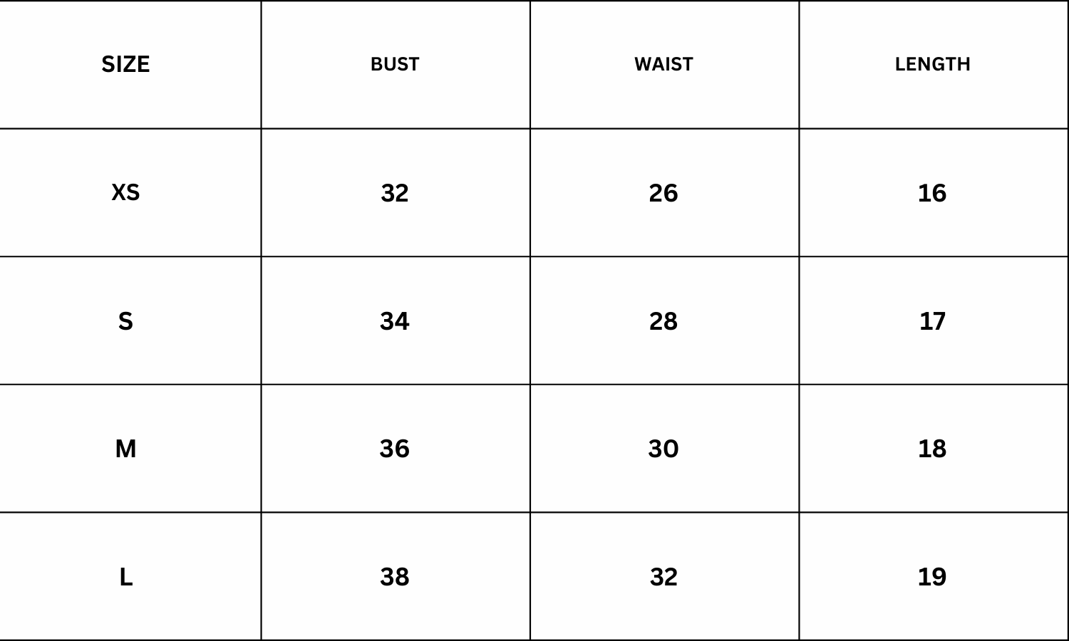Size Chart for Megan Top - Champagne